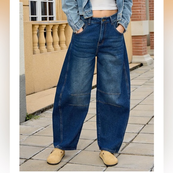 HUNGSON Women's Barrel Jeans Wide Leg Mid Rise Loose Y2k Baggy Jeans Denim NWT - Picture 1 of 6